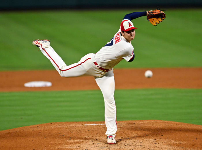 Sep 29, 2022; Anaheim, California, USA; Los Angeles Angels starting pitcher Shohei Ohtani (17) throws to the plate in the second inning against the Oakland Athletics at Angel Stadium.